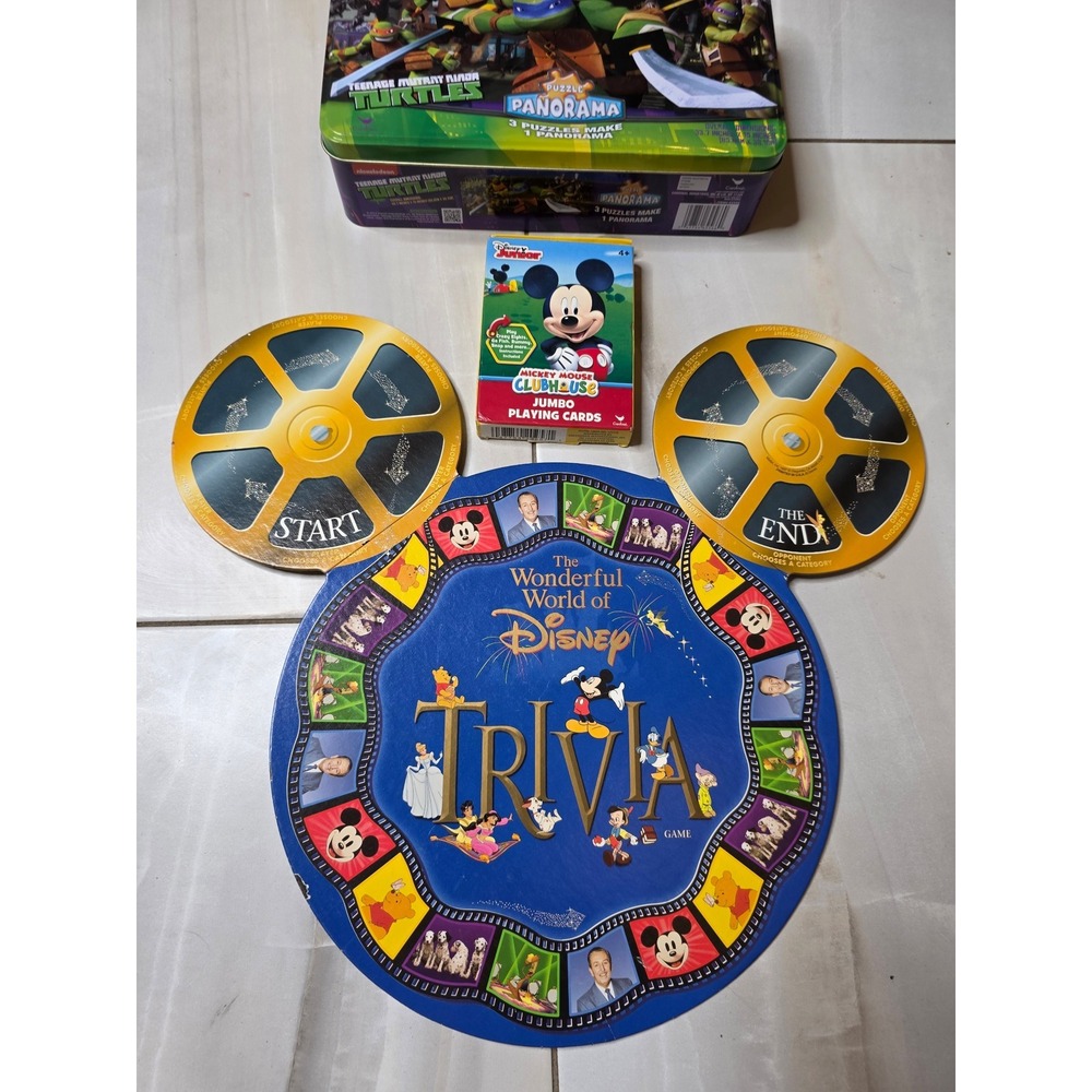 Disney Trivia Board Mickey Playing Cards &‎ TMNT Panorama Puzzle Tin Bundle